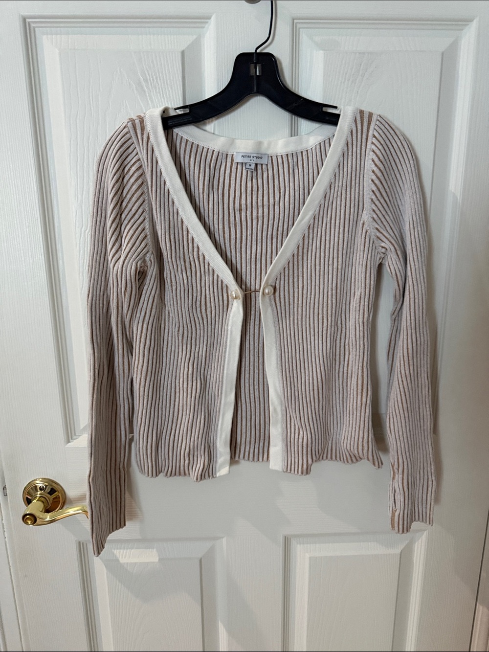 Petite Studio Taupe Ribbed Cardigan with Cream Trim medium